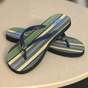 TORY BURCH Striped Flip Flops with Gold Logo ~ NEW